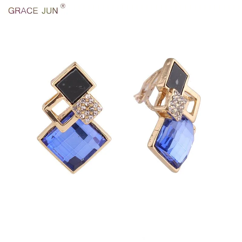 

Luxury Fashion Big Crystal Rhinestone Square Shape Clip on Earrings for Women Party Wedding Charm Gold Color No Pierced Earrings
