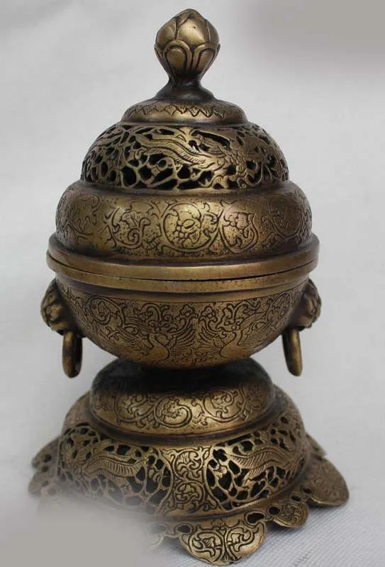 

8"Chinese China Bronze Lucky Foo Dog Lion phoenix Statue Incense Burner Censer