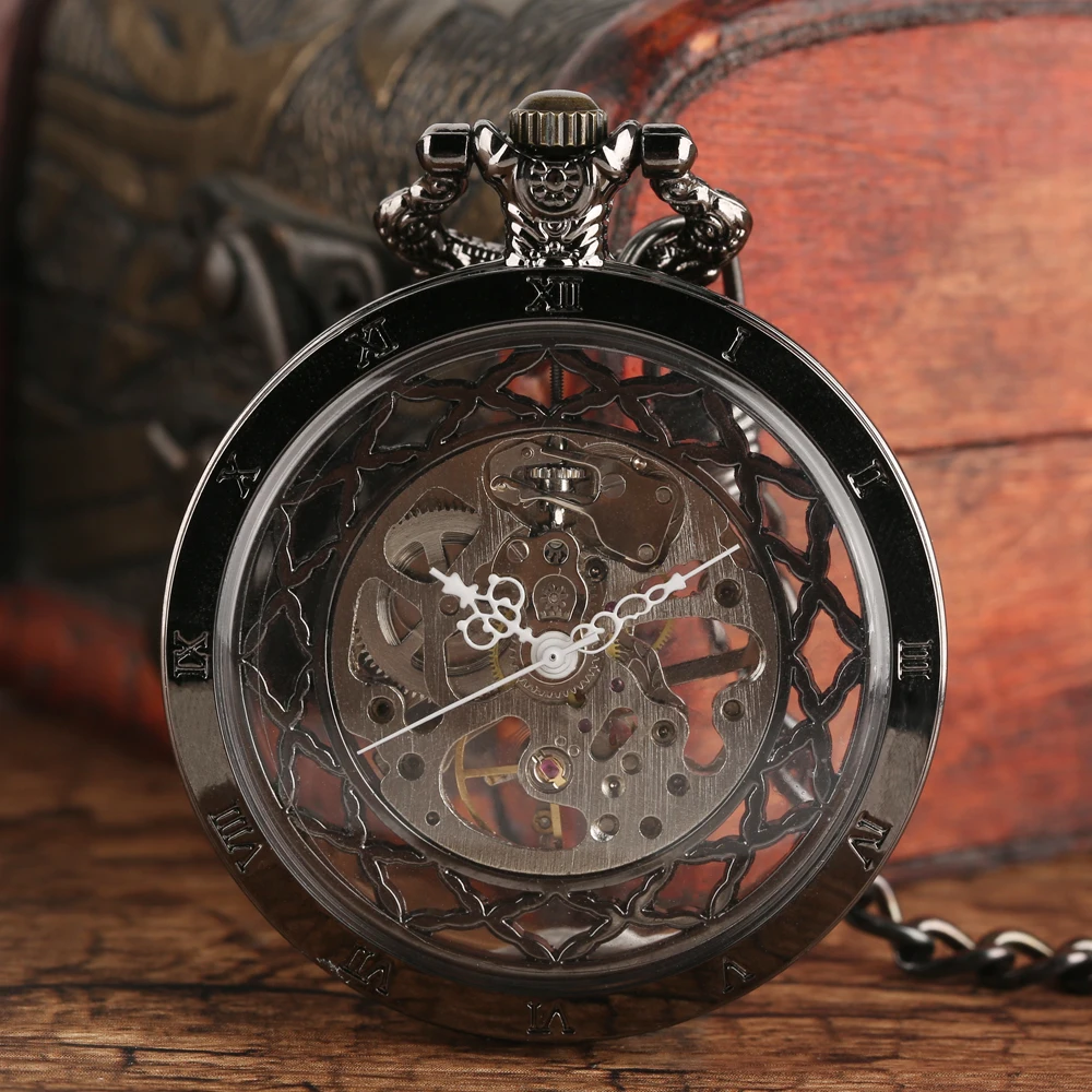 En Ligne Fob Mécanique Main Vent Montres de Poche Avec Chaîne Engins de Collier Creux Couronne Pointeurs Chiffres Romains Unisexe Montre Élégante Horloge