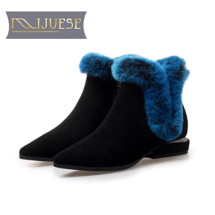 

MLJUESE 2019 women snow boots Cow Suede black color Rome style pointed toe winter fur warm plush boots women ankle boots