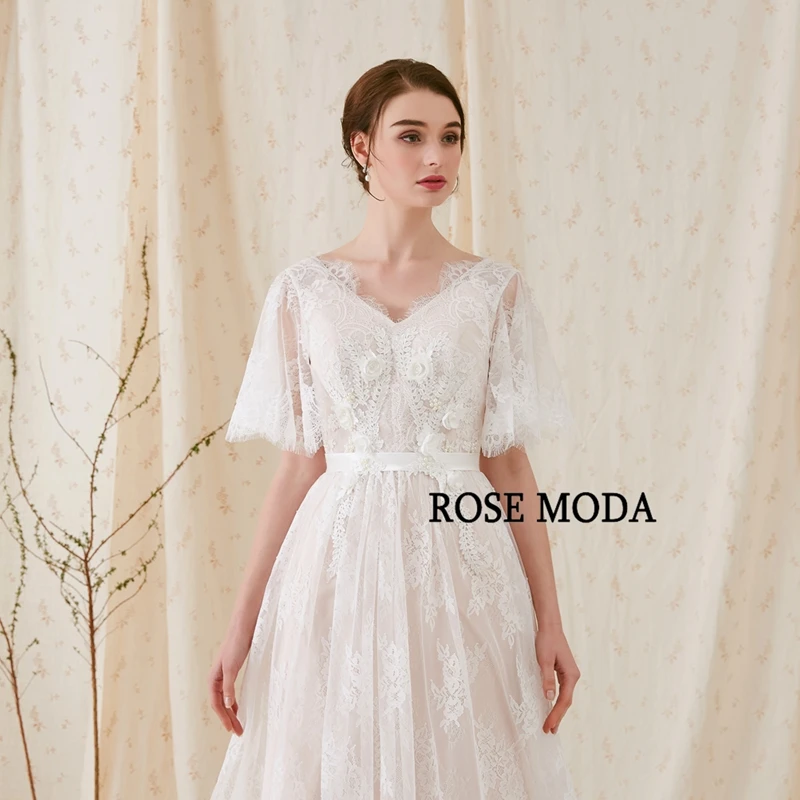 Розовое Moda Chantilly кружевное свадебное платье в стиле бохо с v-образным вырезом и короткими расклешенными рукавами с низким v-образным вырезом сзади богемское свадебное платье