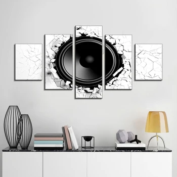 

Black and White Pictures Wall Breaks from Sound with Speaker Home Decor for Living Room Paintings 5 Piece Canvas Artwork Giclee