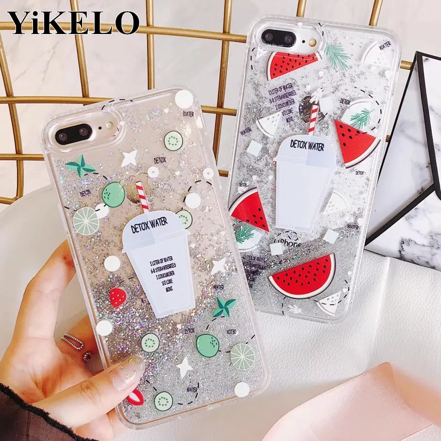 

YiKELO Fruit Drinks Bottles Quicksand Dynamic Liquid Glitter Phone Case For iPhone6 Cases For Iphone 6 6S 7 8 Plus X Cover Coque