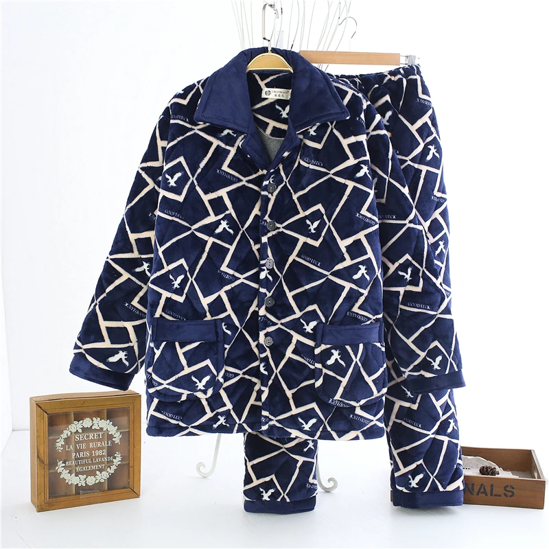 Old Men's Pajamas Thick Warm Padded Clothing Winter Autumn Pajamas Suits Plaid Nighty For Middle Aged Men Night Wear Clothes JW313 (5)