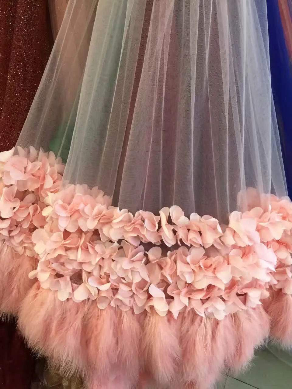 2 yards 3D lace fabric for haute couture dress with 3D flowers and feathers