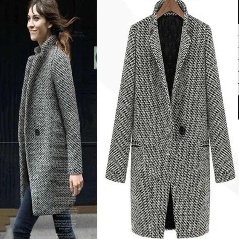 

Women's Winter Plaid Jacket Long Woolen Women Coat Wool Blend Cape Coat Tweed Outwear 2019 Autumn Warm Female Tops Plus Size 5XL