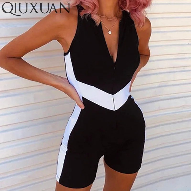 

Qiuxuan Black White Contrast Patchwork Women Playsuits Summer Fitness Casual Short Jumpsuit Sleeveless Zipper Front Sportswear