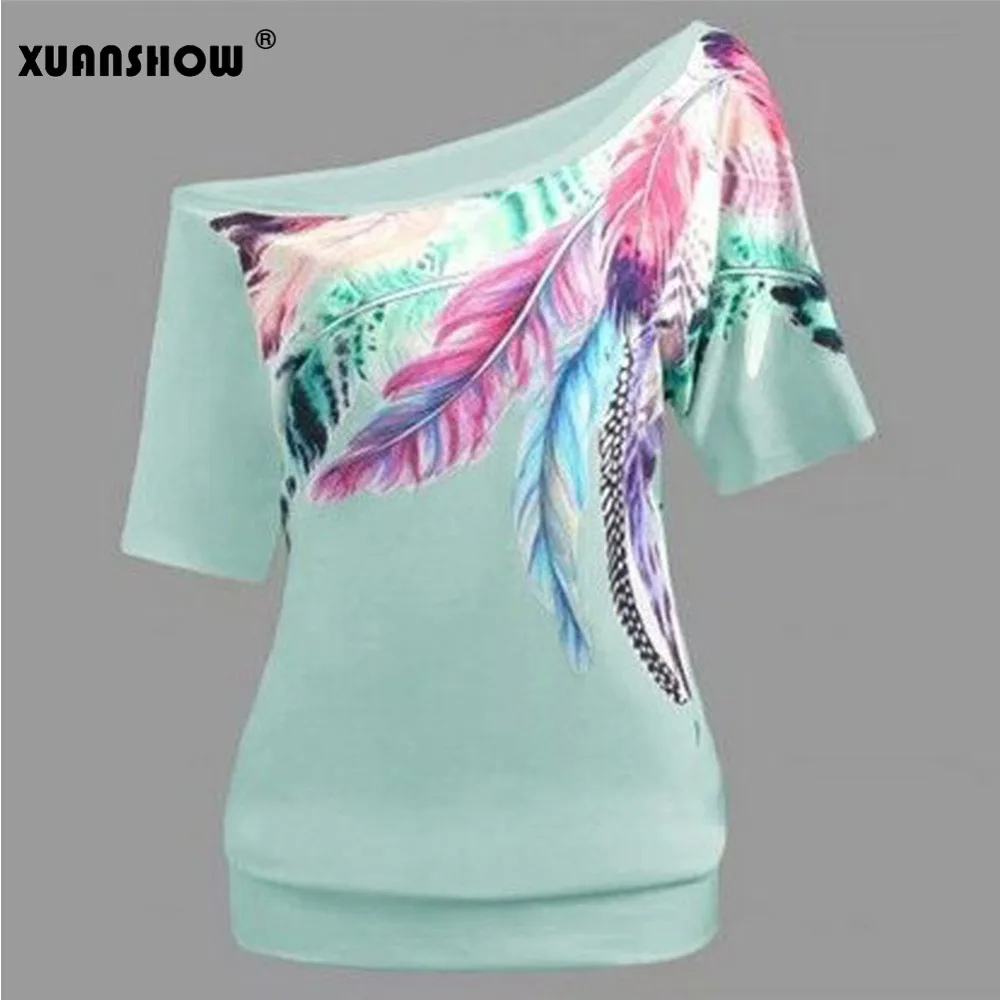 

XUANSHOW 2018 Lady's Oversize T Shirt Off Shoulder Slash Neck Sexy Women Top Colorful Feather Print Clothes Plus Size XXXXXL