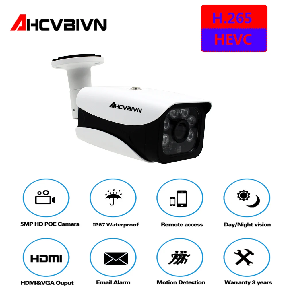 

AHCVBIVN H.265 5.0MP POE IP Camera 5MP Bullet CCTV IP Camera ONVIF 2.0 for POE NVR System Waterproof Outdoor Night Vision