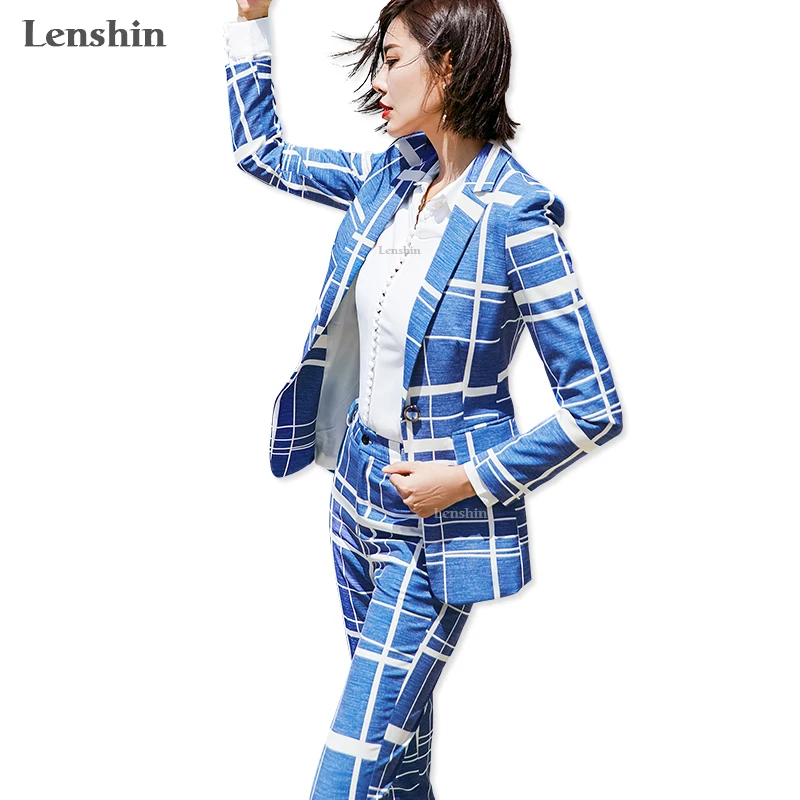 Lenshin 2 Pieces Set Blue and White Multi Color Formal Pant Suit Office Lady Uniform Designs for