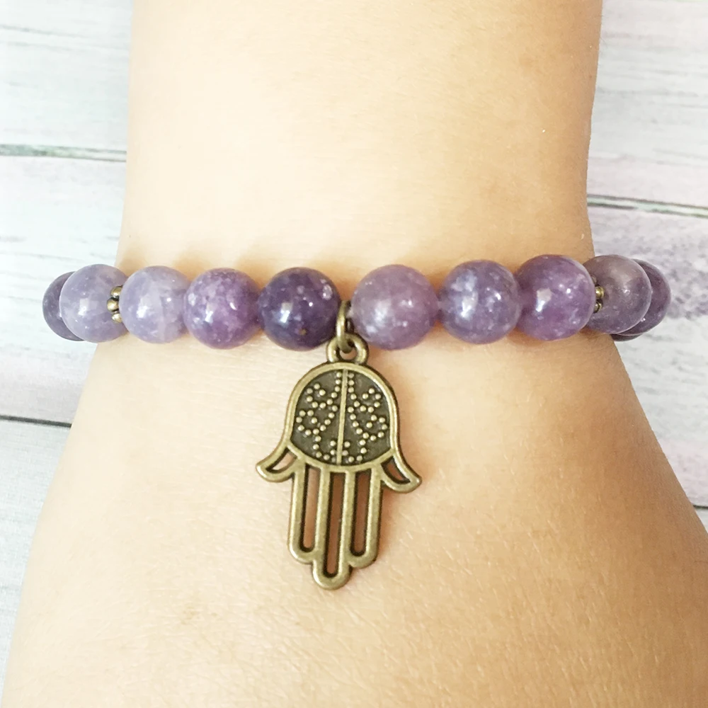 Браслет Ruberthen Natural 8 мм Lepidolite женский браслет Third Eye Chakra Hamsa браслет женственный энергетический духовный браслет