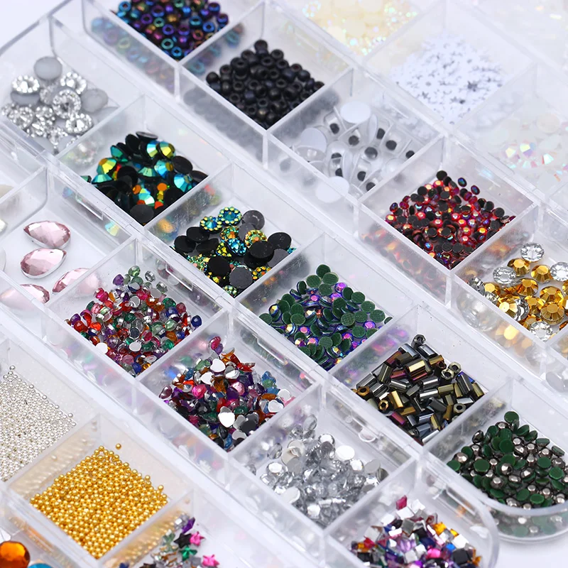 

1 Box Mixed 3D Rhinestone Beads Colorful Shiny Manicure Flat Back Round Multi-size Nail Art Decoration For DIY UV Gel Polish