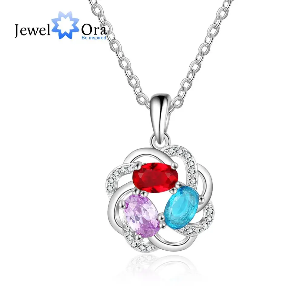 

Personalized 3 Oval Birthstones Necklaces for Women Flower Pendant with Cubic Zirconia Custom Jewelry Gift (JewelOra NE103213)
