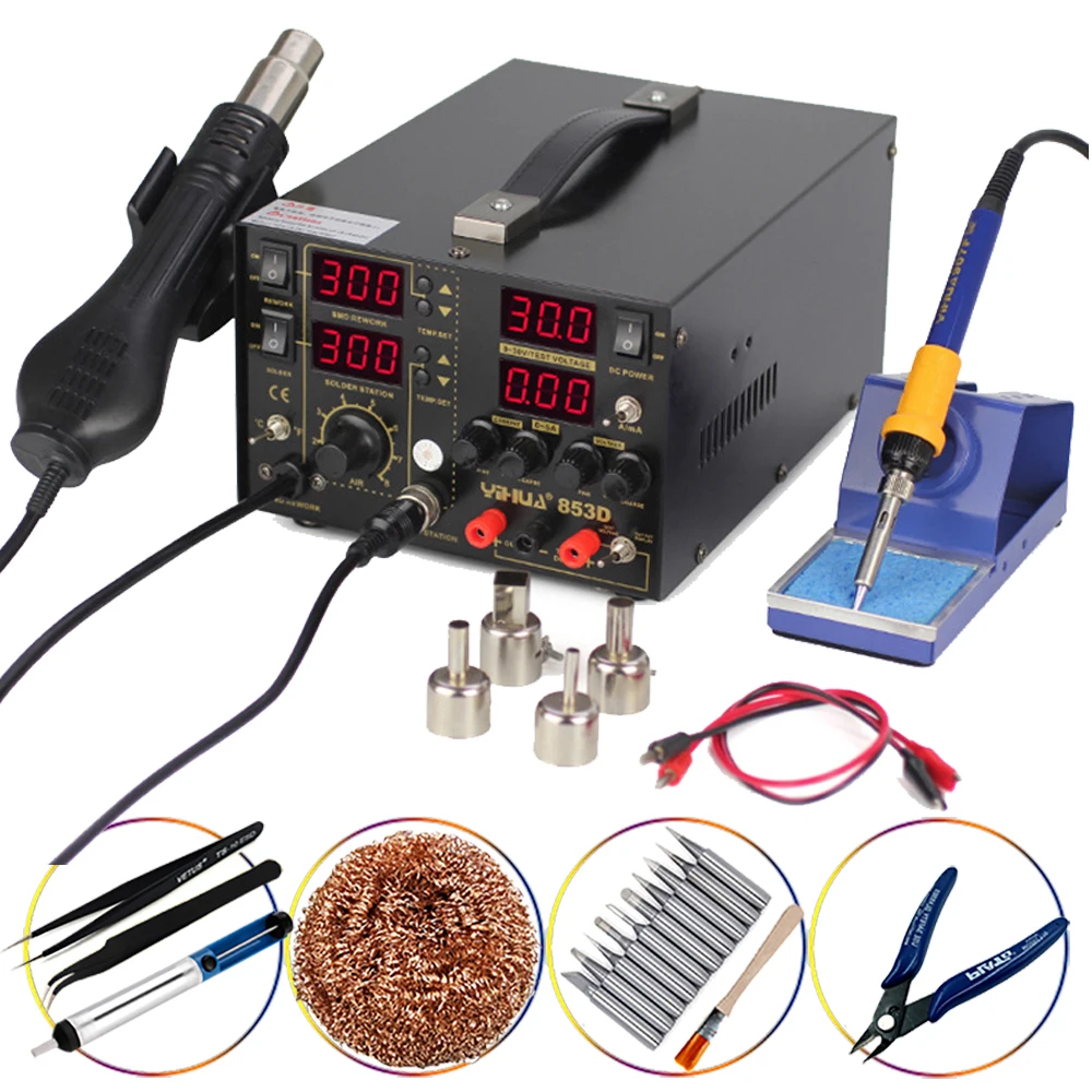 

YIHUA 853D 3 IN 1 SMD Hot Air Gun Soldering Iron 30V 5A DC Power Supply Rework Solder Station 110V / 220V