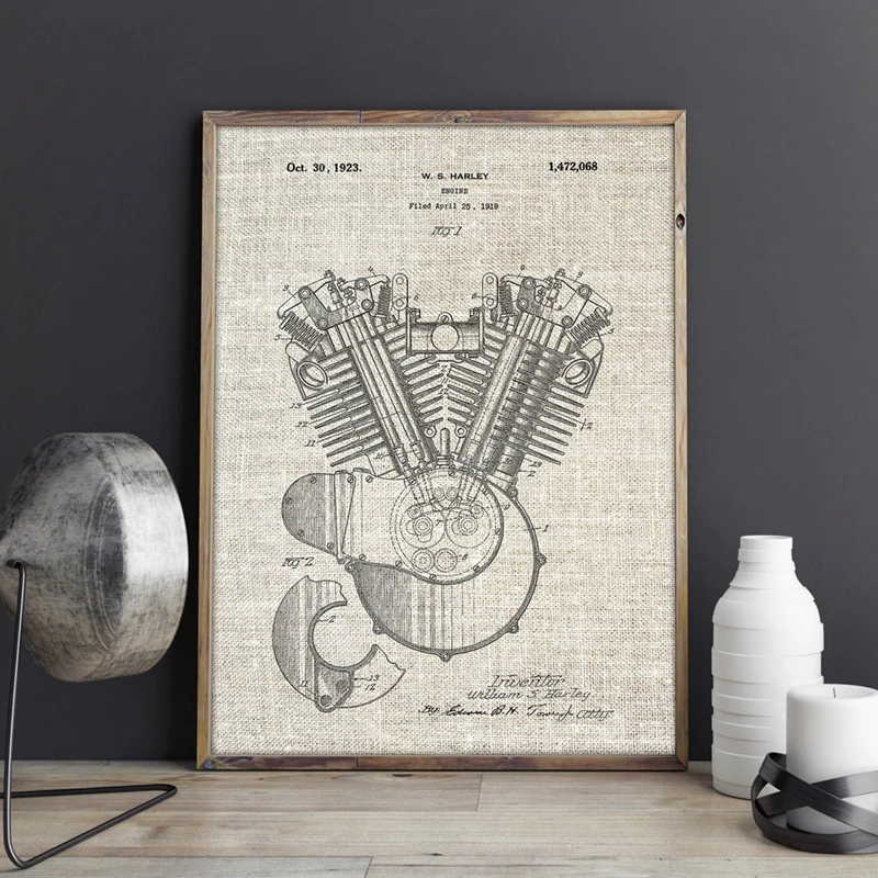 Двигатель мотоцикла 1919 патент Blueprint плакат печать наука стены искусства холст