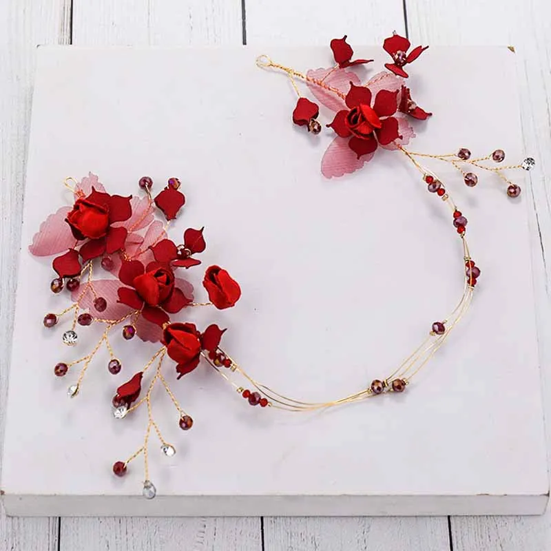 

Women Chinese Style Red Wedding Dress Hair Jewelry Bridal Fashion Toast Wedding Hair Accessories Girls Leaves Shaped Headband