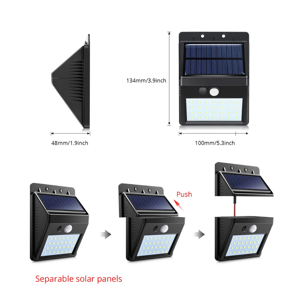 2 шт. водонепроницаемый 28 светодиодный разделяемый солнечная панель солнечный светильник PIR датчик движения 3 режима Наружная и внутренняя безопасность аварийная настенная лампа
