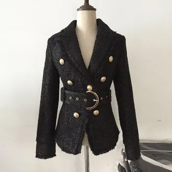 

Fashion 2018 Fall Winter Black Slim Blazer Jacket Women's Silver Glitter Lacing Belt Blazer Vintage Coat