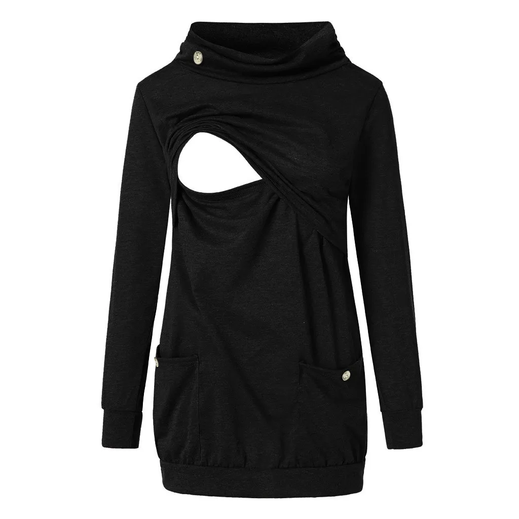 

ISHOWTIENDA Maternity Blouses Pockets Warm Tees Long Sleeves Casual Top Breastfeeding Clothes Blouse Ropa Maternal