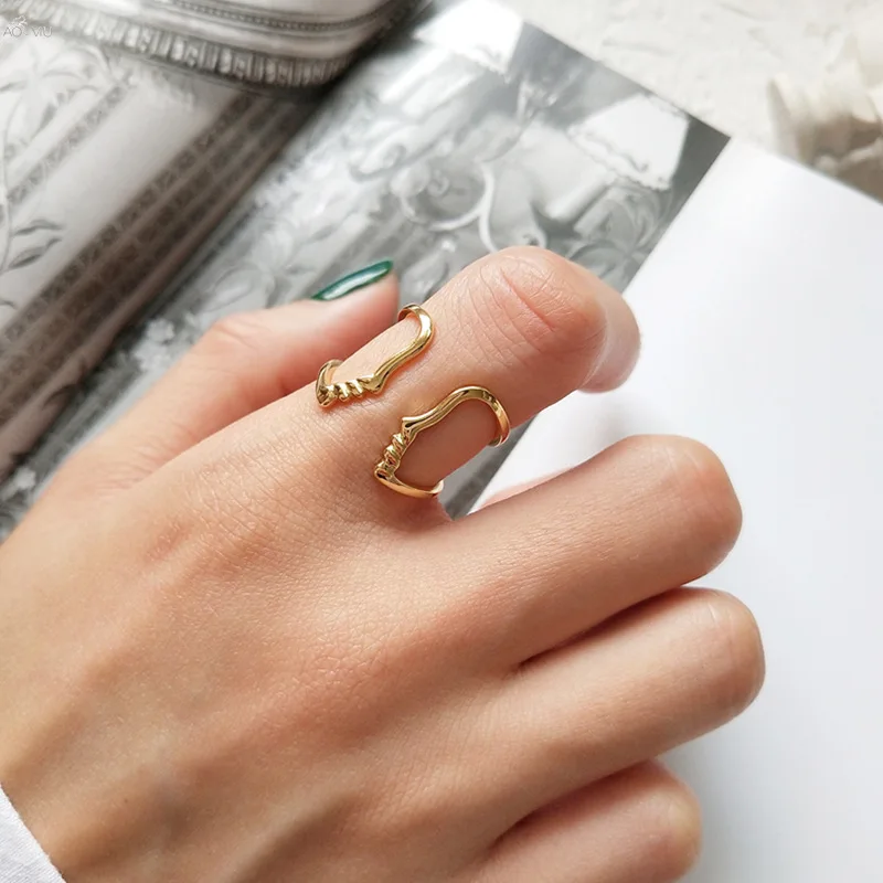 AOMU абстрактное искусство лицо 925 пробы серебряные кольца Простой Элемент Дизайн Модные полые кольца для женщин набор ювелирных подвесок