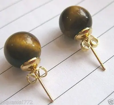 

FREE SHIPPINGFashion Natural 10mm Yellow Tiger's Eye Stone 14KGP GP Stud Earrings
