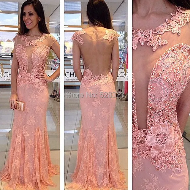 

YNQNFS IED29 Sexy Mermaid Sheer Backless Pink Lace Evening Dress Party Robe Vestidos de Fiesta Largos Elegantes de Gala