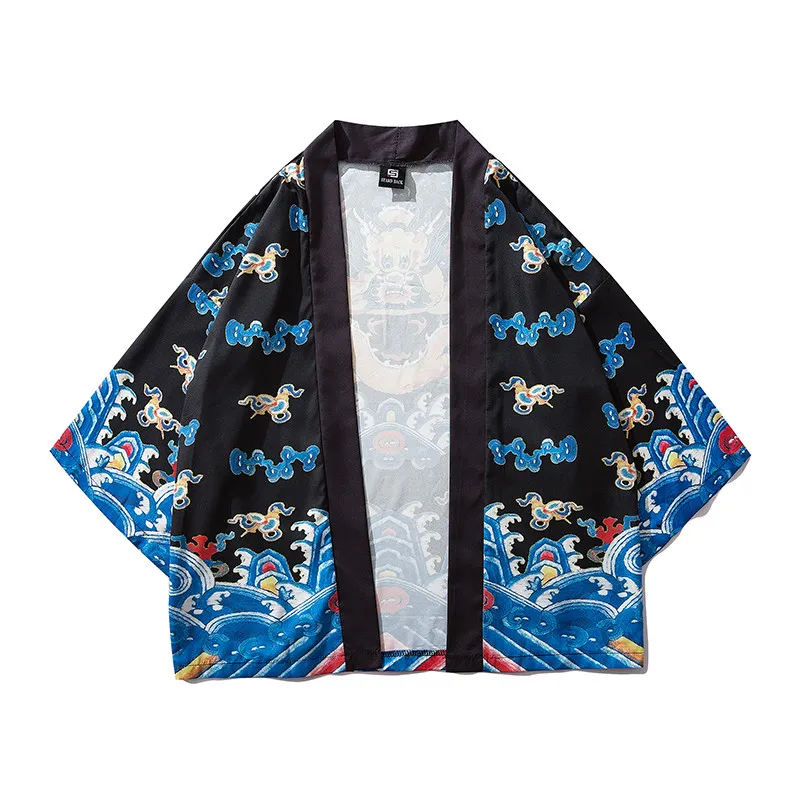 Bebovizi Vintage Chinese Style Chinese Dragon Printed Kimono Jackets Hipster Loose Thin Robe Mens Harajuku Streetwear Coat