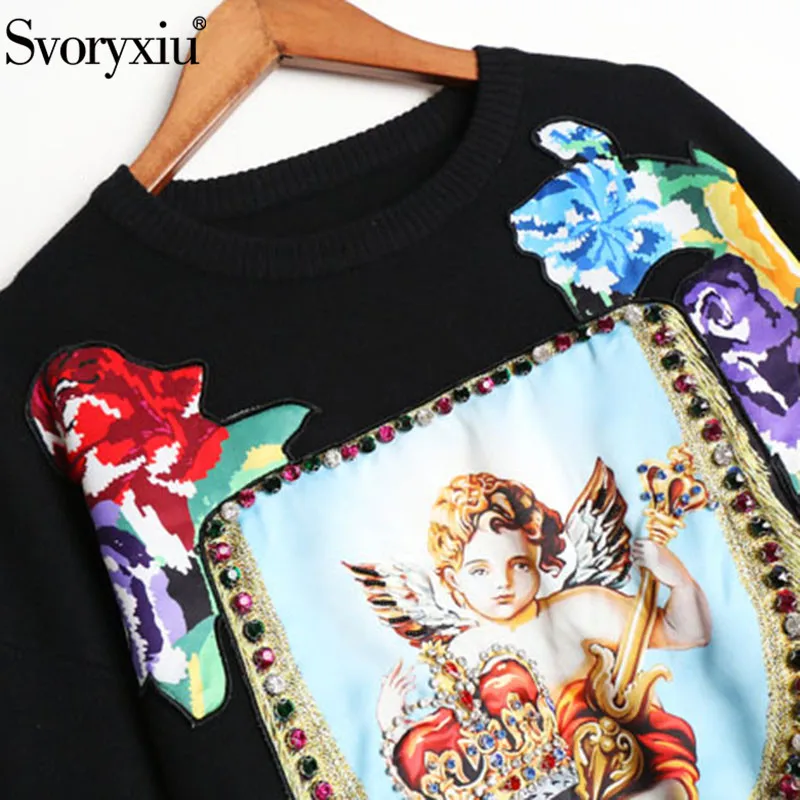 Svoriu Runway Winter Knitting Sweater Women's Long Sleeve Angel Flower Printed Diamonds High Quality Wool Blended Pullovers