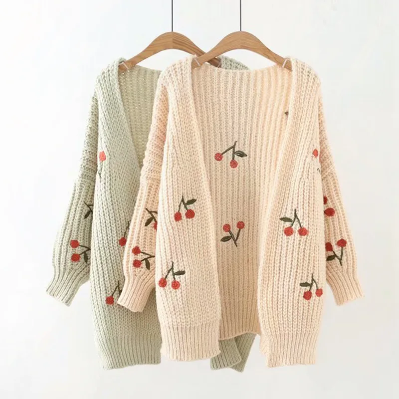 

NXH prairie chic cherry embroidery cardigan sweater women fall and winter plus size womens wear Mint Green coat