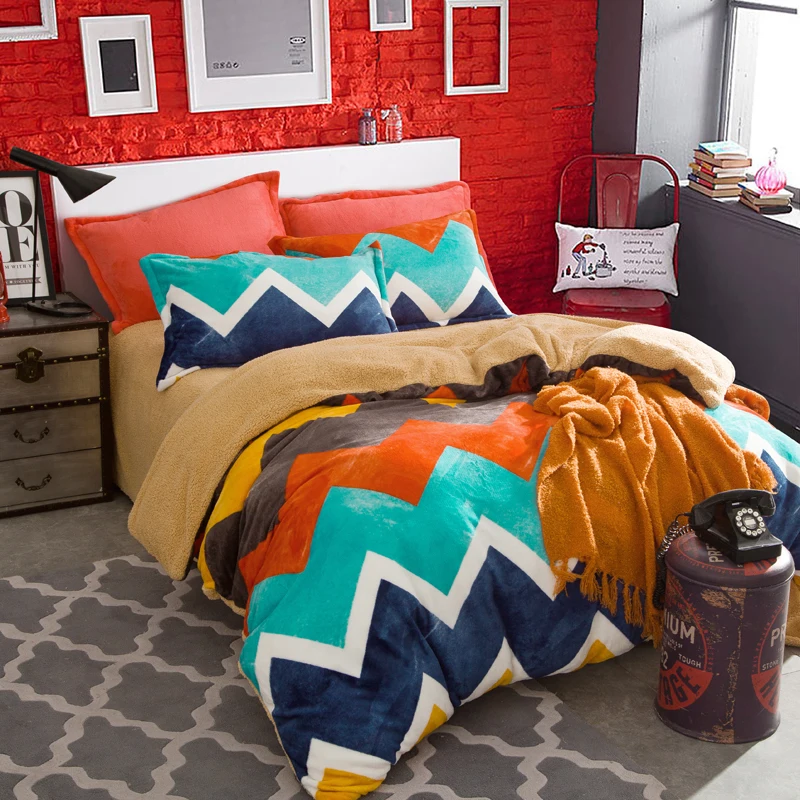 Grid Stripe Bedding Set Fleece Flannel Duvet Cover Warm Bed Sheet 4 Pcs Pillowcases Bedroom Textile Grid Stripe Bedding Set Fleece Flannel Duvet Cover Warm Bed Sheet 4 Pcs Pillowcases Bedroom Textile