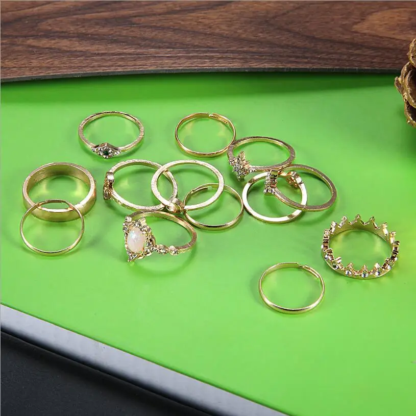 Набор из 13 предметов, романтическое женское кольцо с Лунной звездой, Винтажное кольцо с натуральным камнем, кольцо с короной, индивидуальное геометрическое кольцо