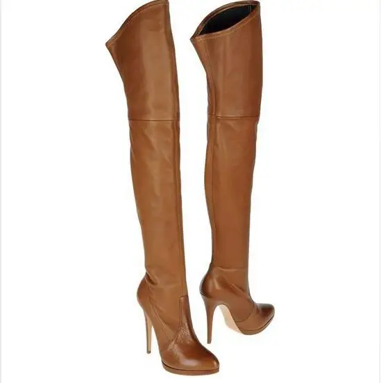 

Women Winter High Quality Boots Over the Knee Sexy Trendy Solid Brown Slip-On Thin Heel Shoes Women Fashion Thigh High Boots