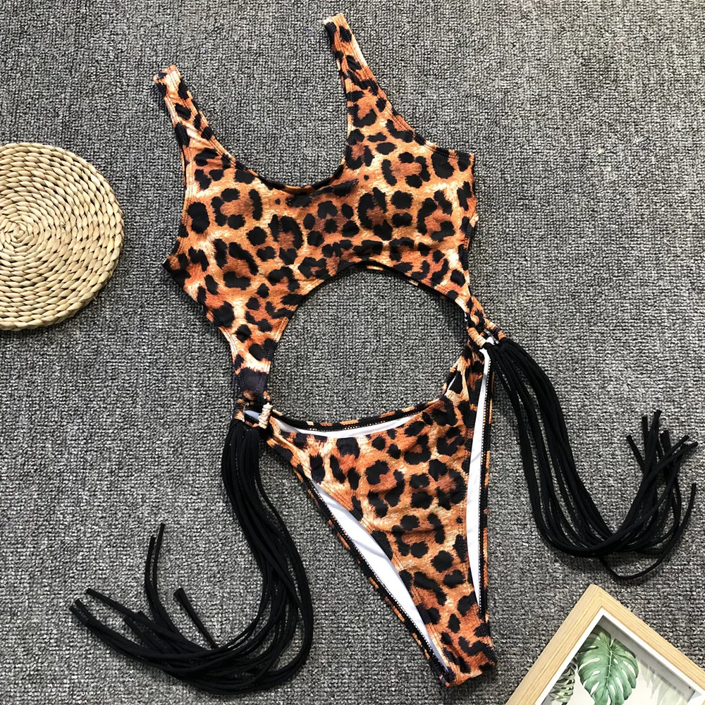 Новая сексуальная леопардовая одежда для плавания, Цельный купальник с вырезами для живота, женский купальник с кисточками, открытая купальная одежда для женщин
