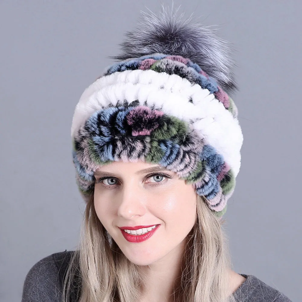 blue black grey real genuine rabbit fur knitted pom pom hat head warmer unisex