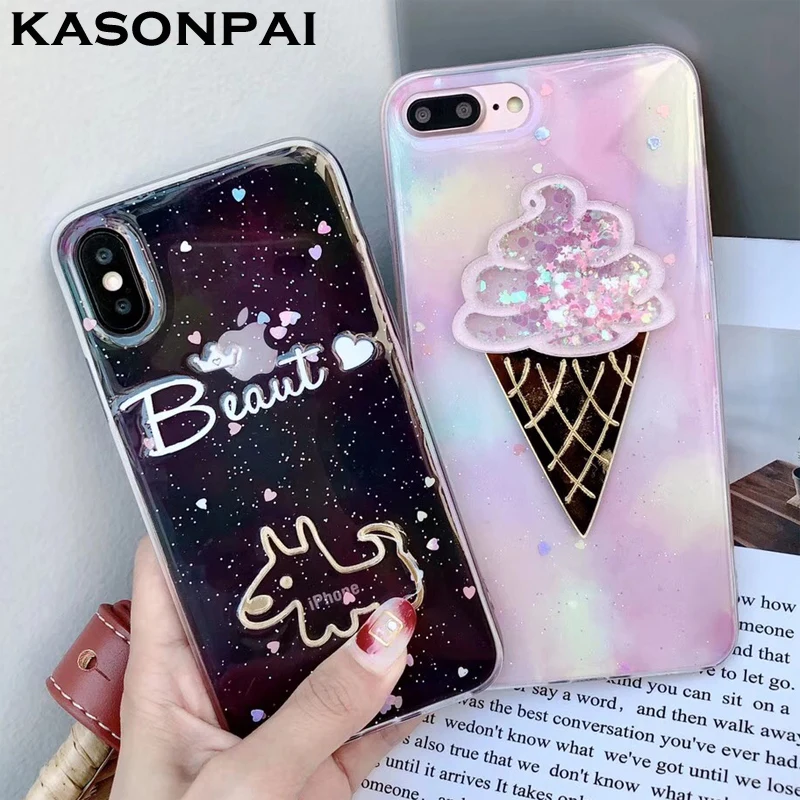 

KASONPAI Funny Glitter Unicorn Phone Case For iphone 7 Cases For iphone X 6 6S 7 8 Plus Soft Back Cover Bling Ice Cream Cases