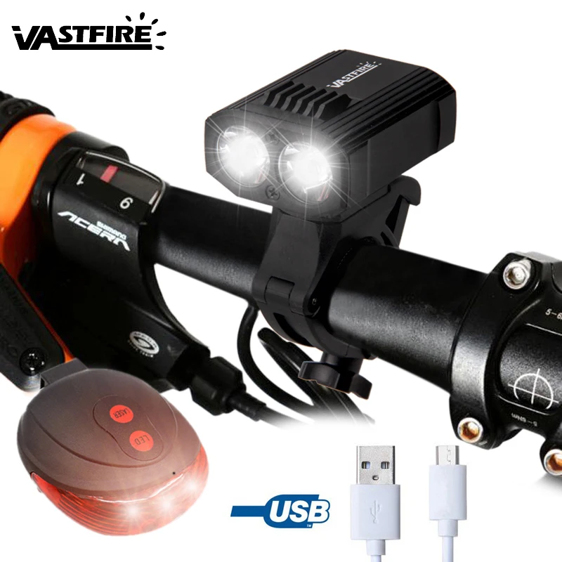 

Upgrade Front Bike Headlight USB Bike Handlebar Lamp Built-in Battery 5 Modes Bicycle Light with Red Laser Taillight