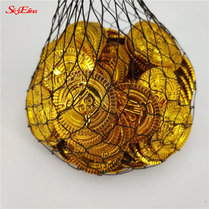 100Pcs Plastic Gold Treasure Coins Captain Pirate Party Favors Pretend Treasure Chest Kids Party Coins Supplies 7Z