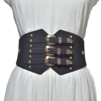 

Women Imitation Leather Waist Belts Patterned Buckle Elastic Wide Belt OH66