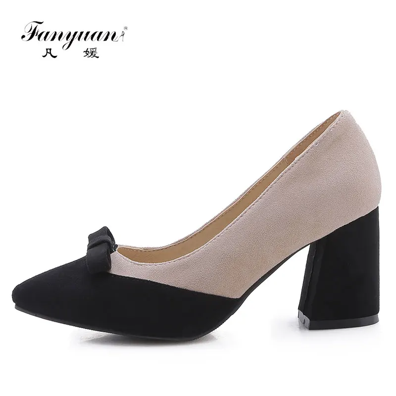 

Fanyuan Fashion Butterfly-knot Shallow Pumps Sexy Pointed Toe High Heels Spring Mixed Color Party Shoes Flock Women Shoes