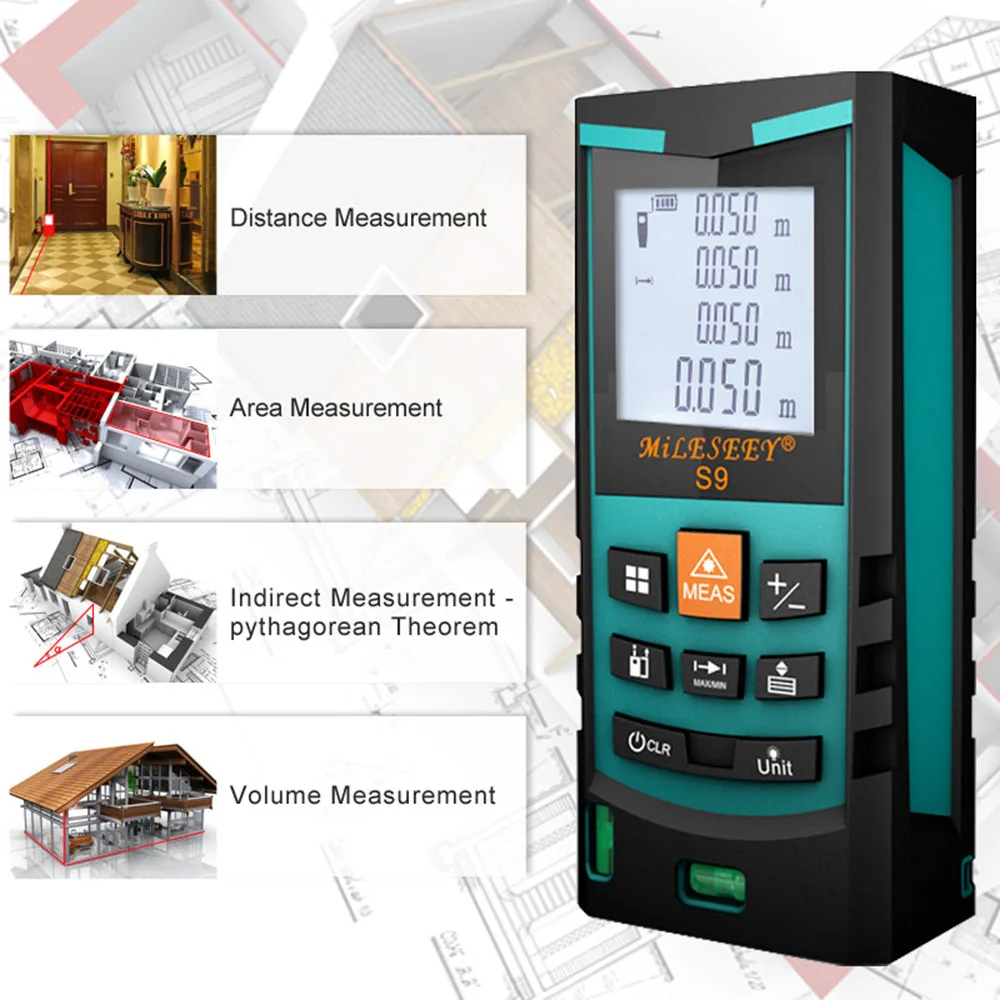

Mileseey Distance Meter S9 40M Bubble Level Rangefinder Range Finder Tape Measure Area/Volume Digital Laser Distance Meter