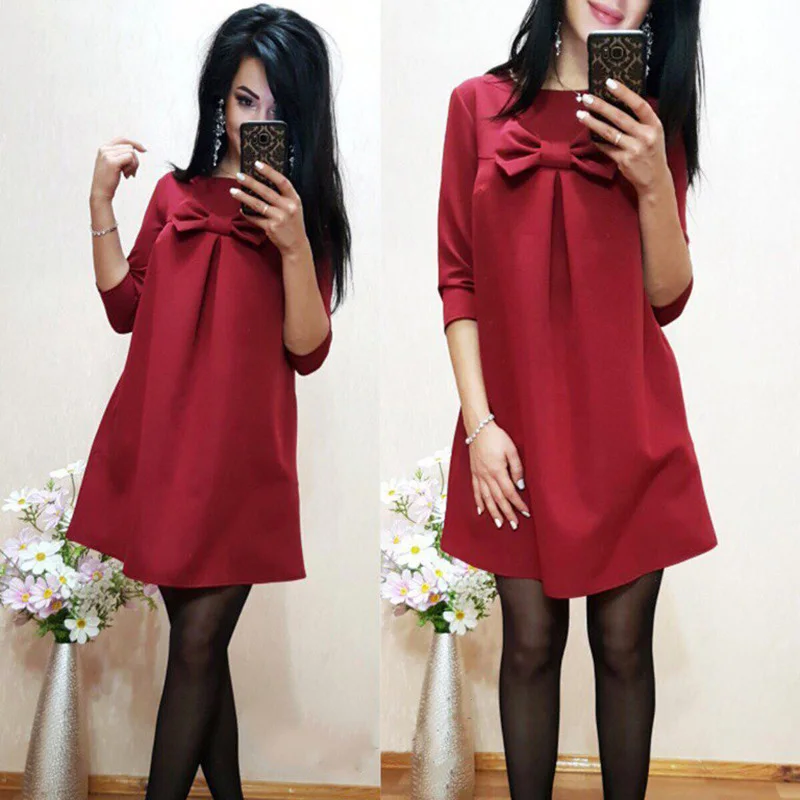 

Newly Women Cute Bowknot Loose Straight Dress Solid Color Half Sleeve Autumn Dresses DOD886