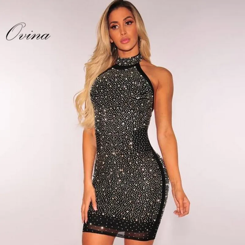 

Sexy Summer Women Dresses Halter Sleeveless Backless Diamonds Mesh Mini Bodycon Night Party Dress