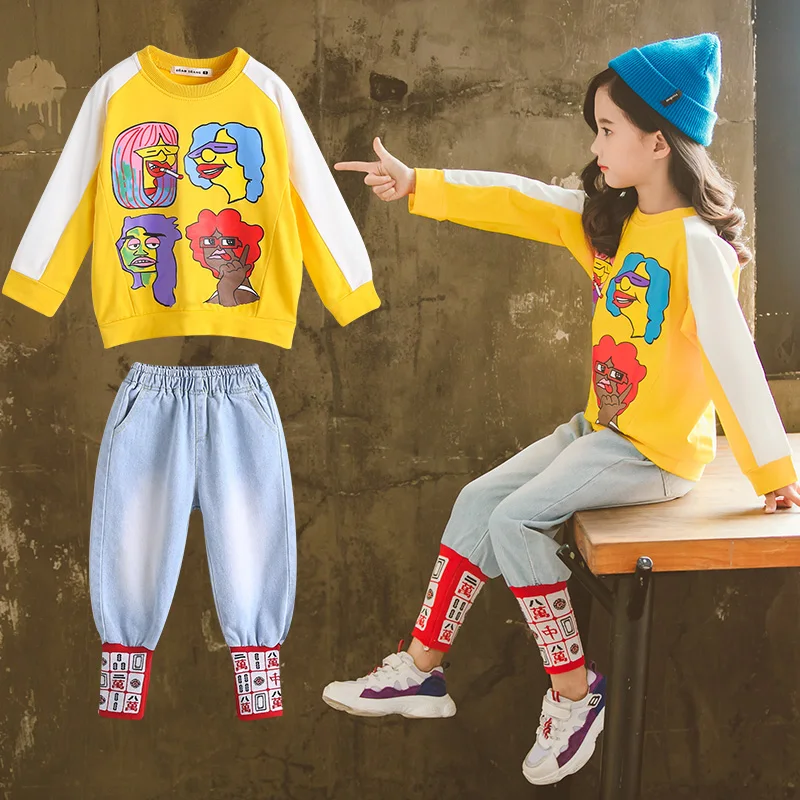 

Girls Fall Outfits Cartoon Printed Top + Splice Jeans Kids Clothes Sets Teenage Girls Clothing 2 Pcs Sets Boutique Kids Clothing