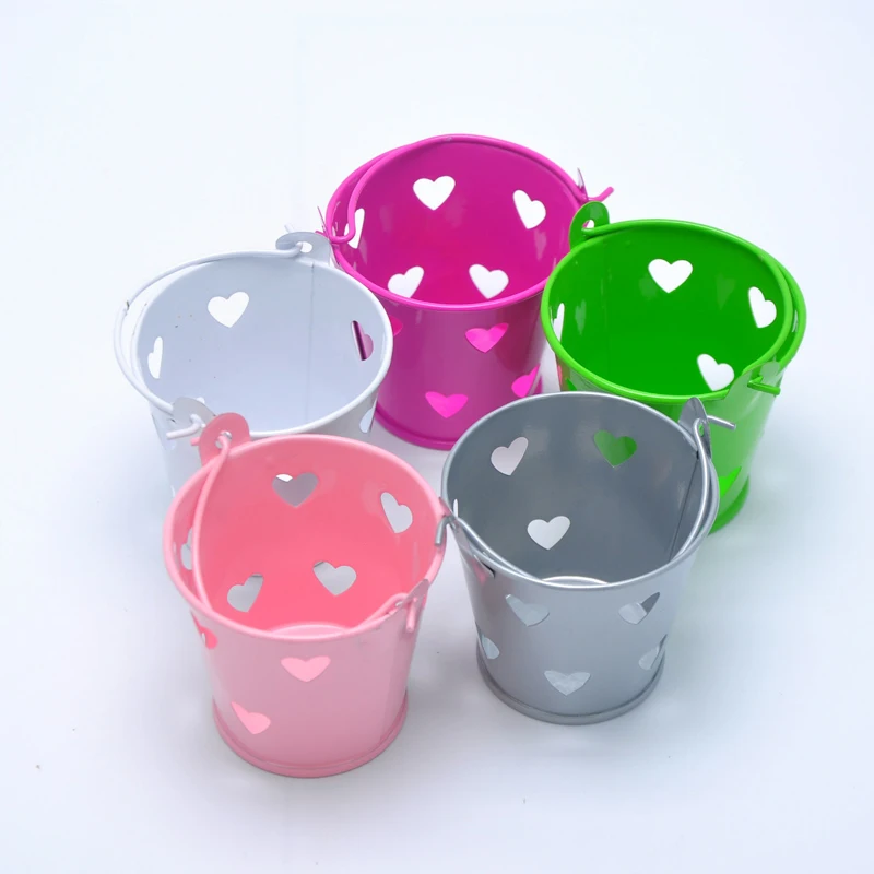 10pcs/lot Small Cute Tiny Bucket Heart Hollow Colorful Iron Bucket Wedding Candy Box Special
