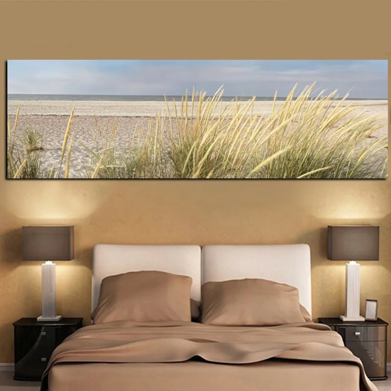Peaceful Seascape with Grass Around the Beach Modern Art Printed on Canvas