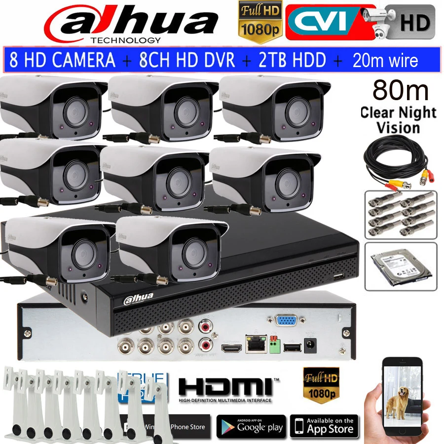Камера видеонаблюдения DAHUA 1080P IR CVI HAC-HFW2208M-I2 bullet 8 каналов HDCVI CCTV комплект HDD с