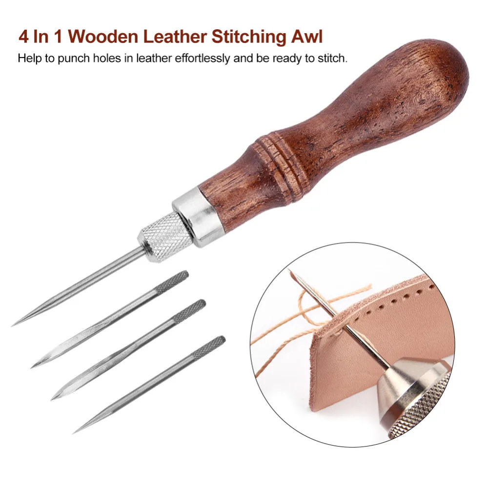 Piece Wooden Handle awl Leather Craft Stitch awl DIY Sewing Leather Tool Practical Design and Durable 2