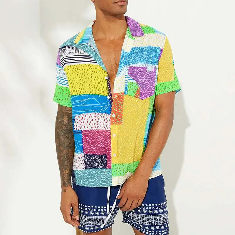 

Summer Colorful Printing Shirt Men New Style Streetwear Button Lapel Neck Blouse Short Sleeve Vacation Hawaiian Shirts Men 2019