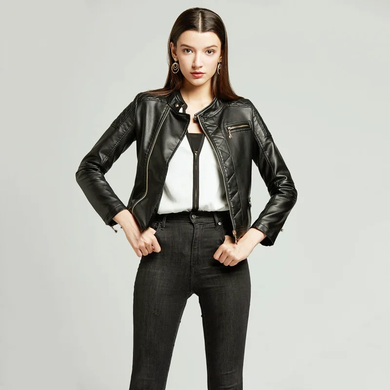 NXH 2019 yellow leather jacket women autumn coat plus size luxury jacket biker jacket women  faux leather Red black pink