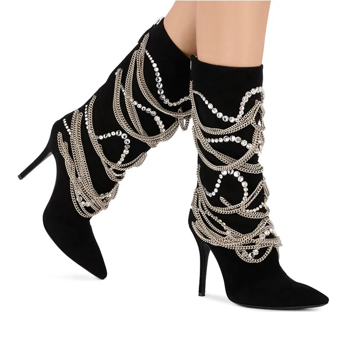 12cm De Botas Venta 10cm Mediados Negro 2019 Alto Bota Heel Heel becerro Las Zapatos Dedo Pie De Otoño Caliente Mujeres Mujer Del Femenina Tacón Decoración Botines Cadena OrO7g4